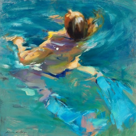 Painting of woman swimming in blue water by Monica Castanys on interior wall