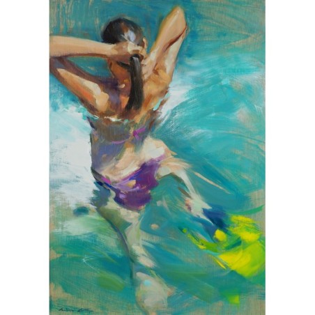 Painting of woman swimming in turquoise green water by artist Monica Castanys, bright interior