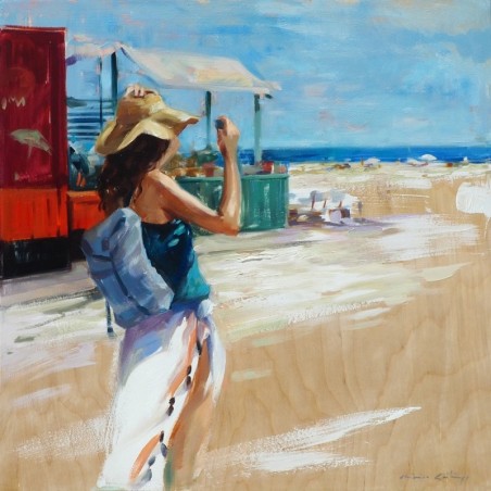 Painting of a woman on the beach with sand and blue sea by artist Monica Castanys