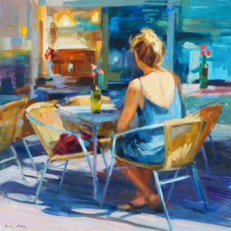 Blue and yellow painting of a woman sitting on a café terrace by artist Monica Castanys