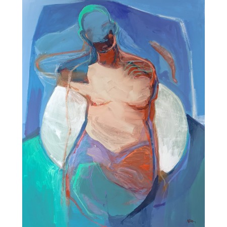Œuvre de Magdalena Morey : figure abstraite, dans une palette vibrante dominée par les bleus, verts et terres chaudes