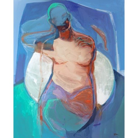 Œuvre de Magdalena Morey : figure abstraite, dans une palette vibrante dominée par les bleus, verts et terres chaudes