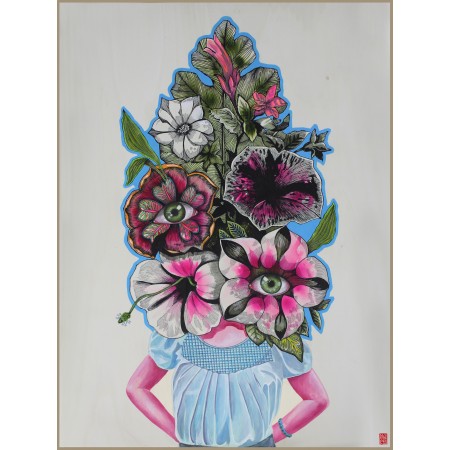Tableau sur bois par l’artiste Elia Pagliarino, avec fleurs, yeux, surréalisme, corps enfantin, identité, nature.