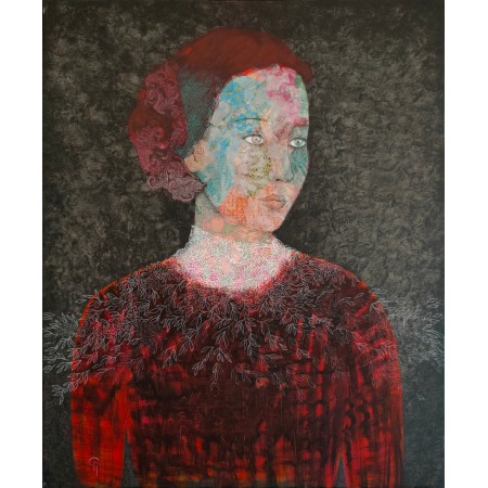 Portrait of a woman by artist Cécile Duchêne-Malissin, dressed in red, with an intense gaze.