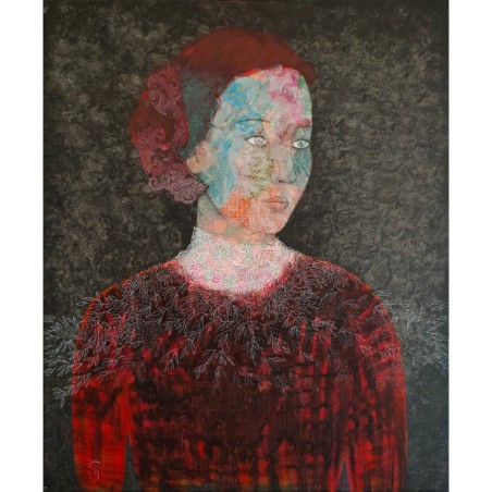 Peinture de femme par l’artiste Cécile Duchêne-Malissin, vêtue de rouge, au regard intense.