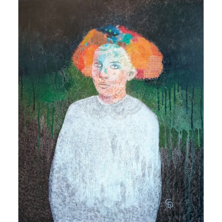 Peinture de femme par l’artiste cécile duchêne-malissin, chevelure rousse, fond légèrement vert.