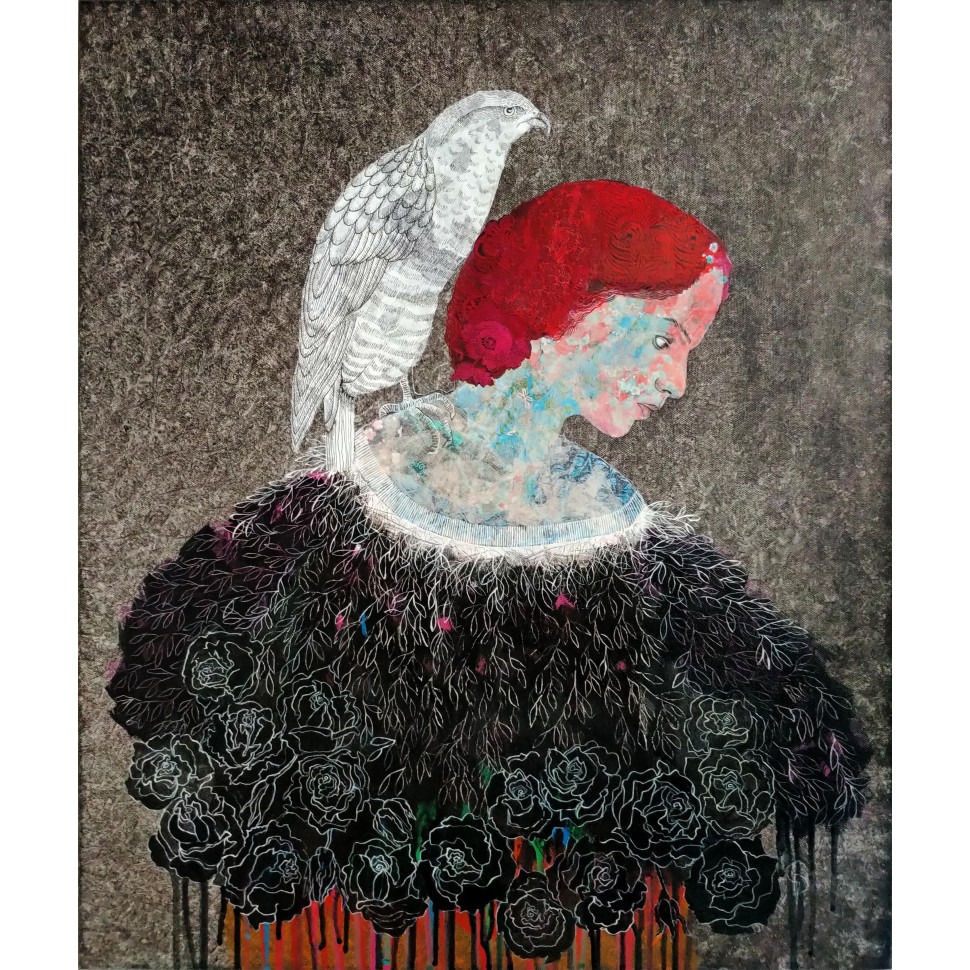 Female portrait by Cécile Duchêne-Malissin, profile, bright red, white bird perched on shoulder.