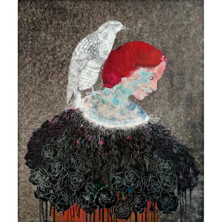 Portrait de femme par l'artiste cécile duchêne-malissin, cheveux rouge vif, faucon blanc sur l’épaule, tête baissée