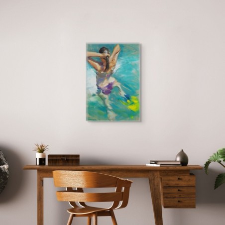 Woman swimming in turquoise blue water by painter Monica Castanys, white interior wall