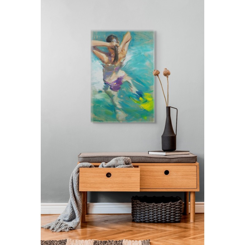 Monica Castanys painting of woman swimming in turquoise blue-green tones, modern interior