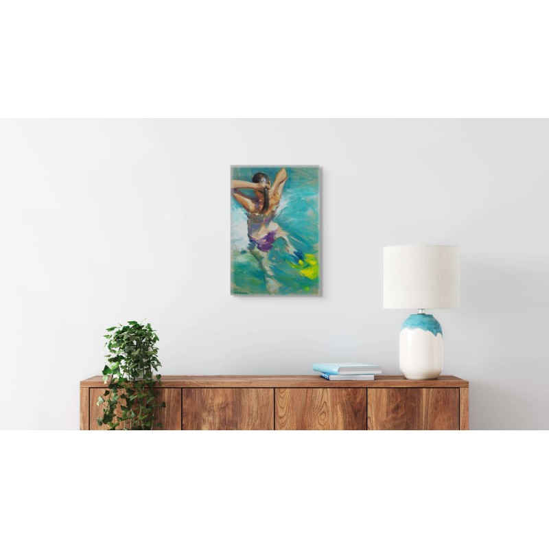 Femme baignade eau bleue turquoise artiste Monica Castanys mur blanc intérieur