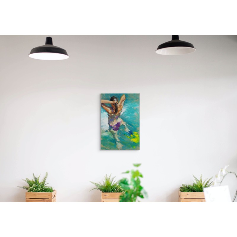 Painting of woman swimming in turquoise blue-green water by Monica Castanys, interior gallery