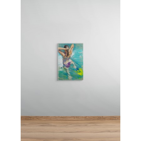 Painting of woman swimming in turquoise blue-green water by Monica Castanys, interior gallery