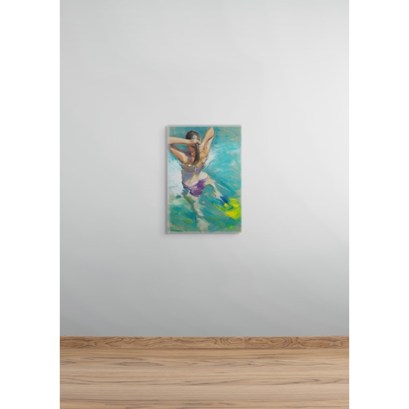 Monica Castanys painting of woman swimming in turquoise blue-green tones, modern interior