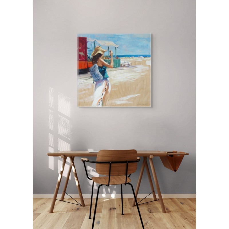 Peinture femme plage sable mer bleue Monica Castanys intérieur lumineux
