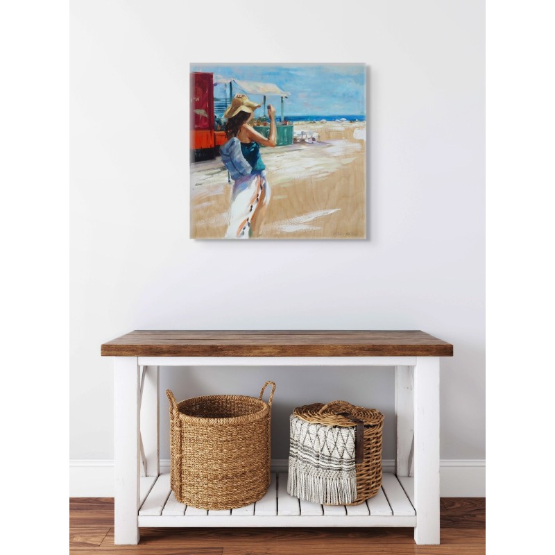 artiste Monica Castanys peinture femme bord de mer sable blanc mer bleu intérieur moderne