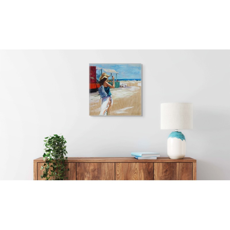 Peinture plage femme sable blanc mer bleue peintre Monica Castanys intérieur