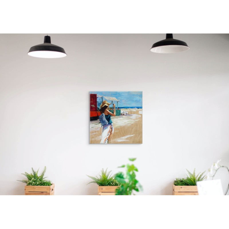 Peinture plage femme sable blanc mer bleue artiste Monica Castanys intérieur