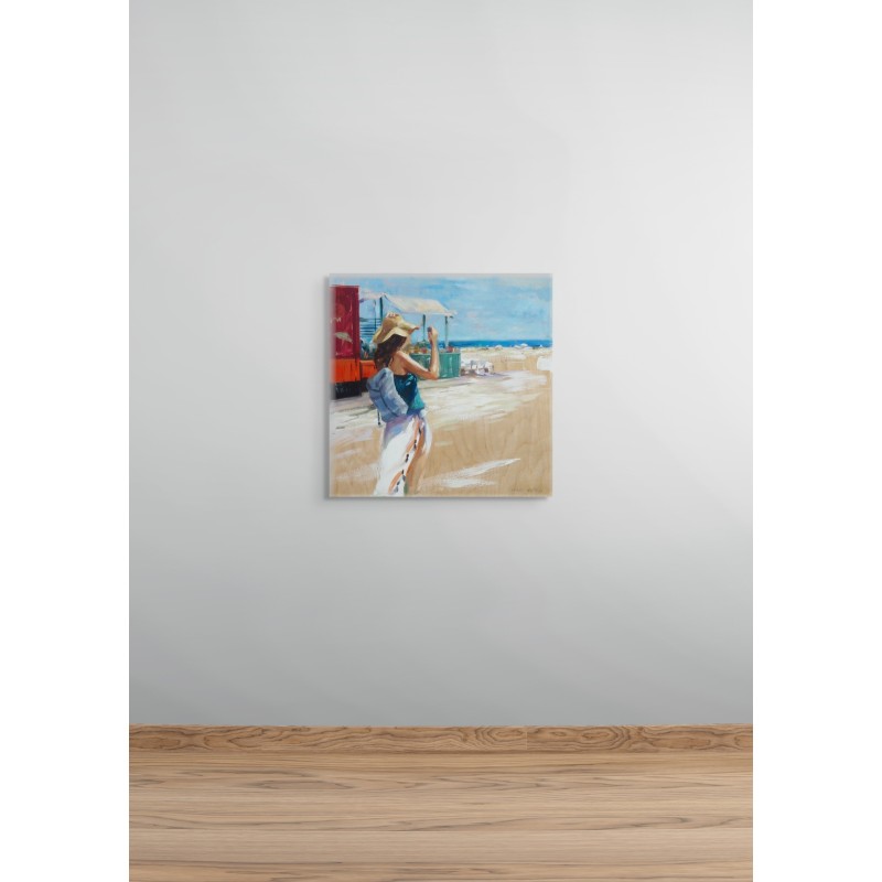 Peinture plage femme sable blanc mer bleue peintre Monica Castanys intérieur galerie