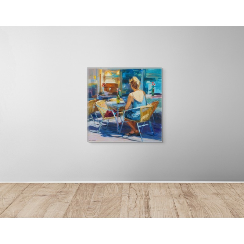 Blue and yellow painting of a woman sitting on a terrace by artist Monica Castanys on a wall