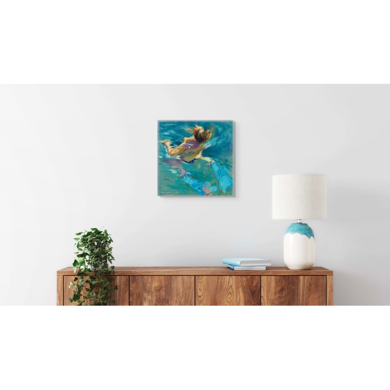 Monica Castanys painting of woman swimming in blue water hanging on white wall