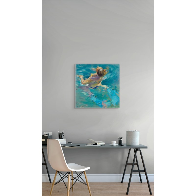 Painting of woman swimming in blue water by Monica Castanys on interior wall