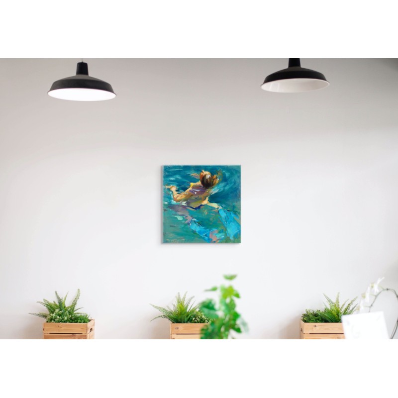 Painting of woman swimming in blue water by Monica Castanys, modern interior