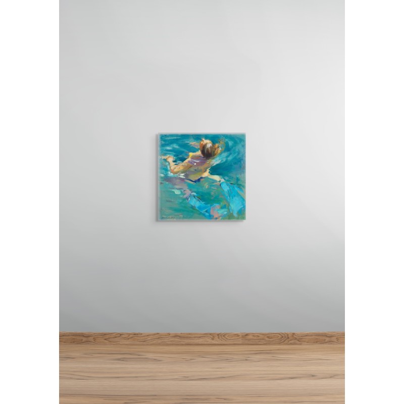 Femme nage peinture bleue peintre Monica Castanys mur galerie intérieur