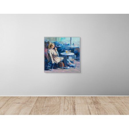 Painting of woman sitting on terrace in winter wearing jacket and holding beer by artist Monica Castanys, interior