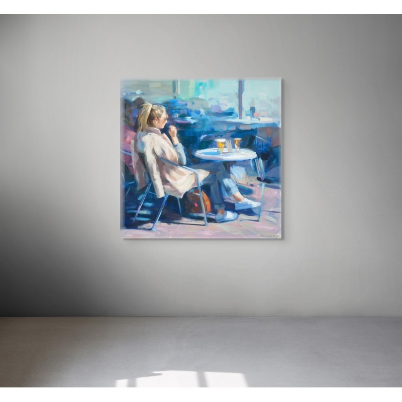 Monica Castanys, woman sitting in winter on terrace holding beer, interior painting