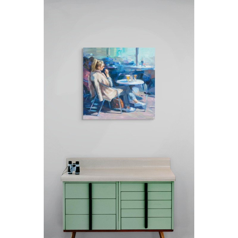 Terrasse hiver femme bière veste peinture Monica Castanys mur intérieur