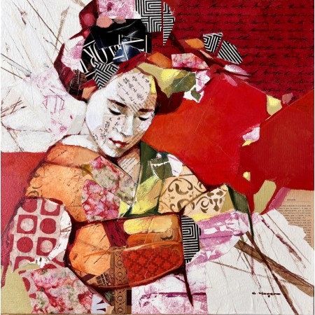 portrait de geisha en mix media avec collages sur toile dominé par le rouge, par Carme Magem