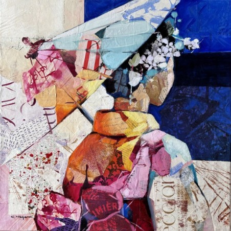 portrait de geisha de dos avec ombrelle en mix media avec collages sur toile dominé par le bleu, par l'artiste Carme Magem