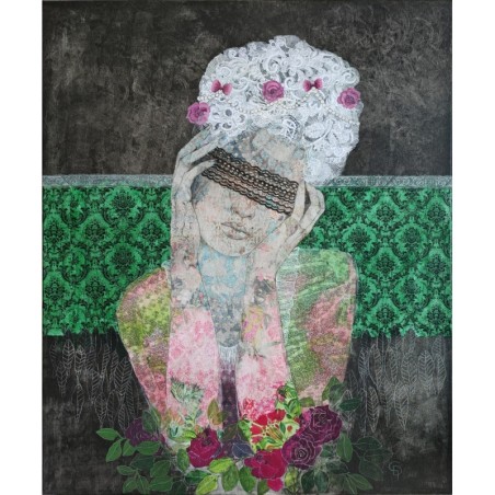 Painting of a woman by artist Cécile Duchêne-Malissin, head crowned with flowers, blindfold over eyes, green background