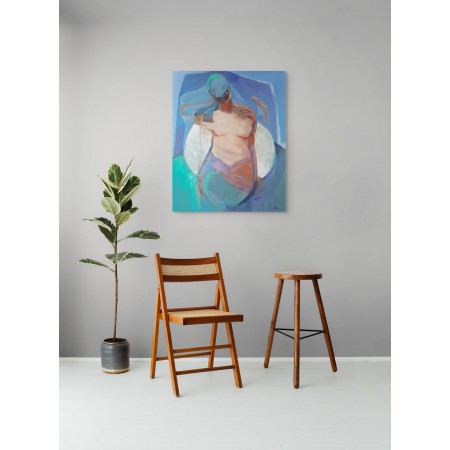 Œuvre de Magdalena Morey : figure abstraite, dans une palette vibrante dominée par les bleus, verts et terres chaudes