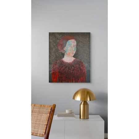 Portrait féminin par Cécile Duchêne-Malissin, robe rouge dans un intérieur