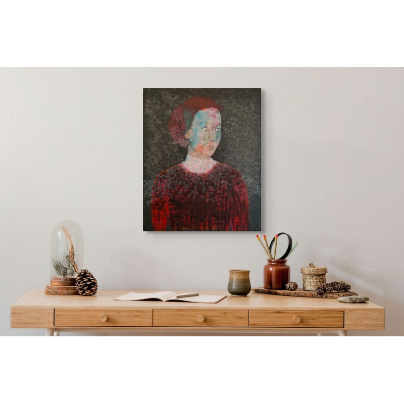 Œuvre de l'artiste peintre Cécile Duchêne-Malissin, femme en rouge, regard profond.