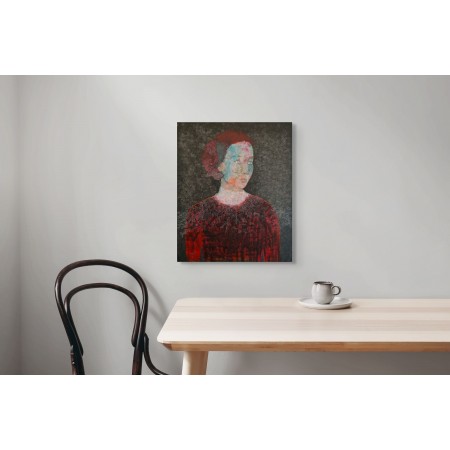 Portrait par Cécile Duchêne-Malissin, femme vêtue de rouge, sur un mur