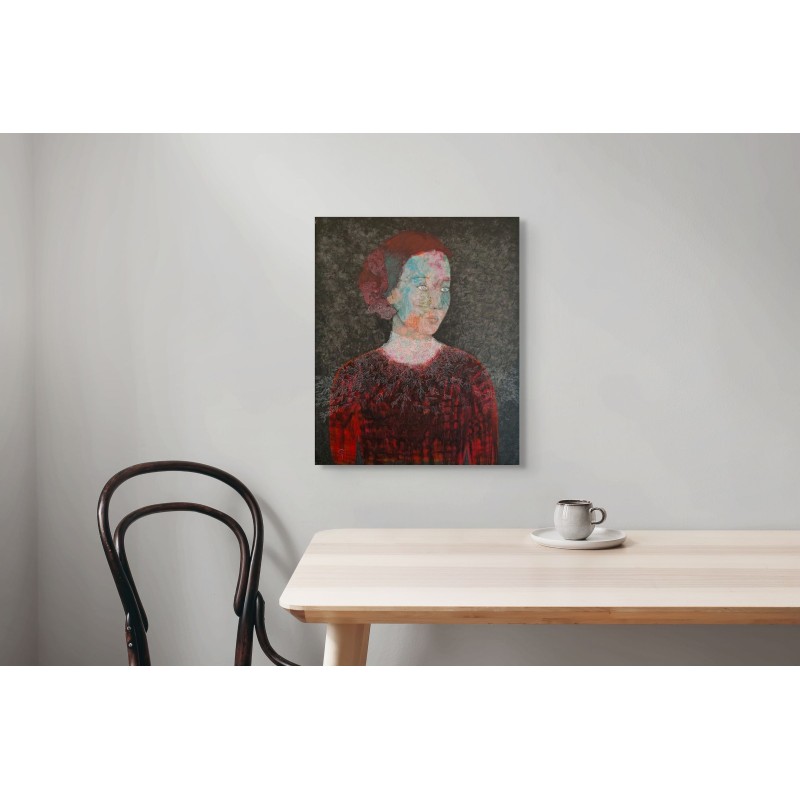 Portrait by Cécile Duchêne-Malissin, woman dressed in red, on a wall