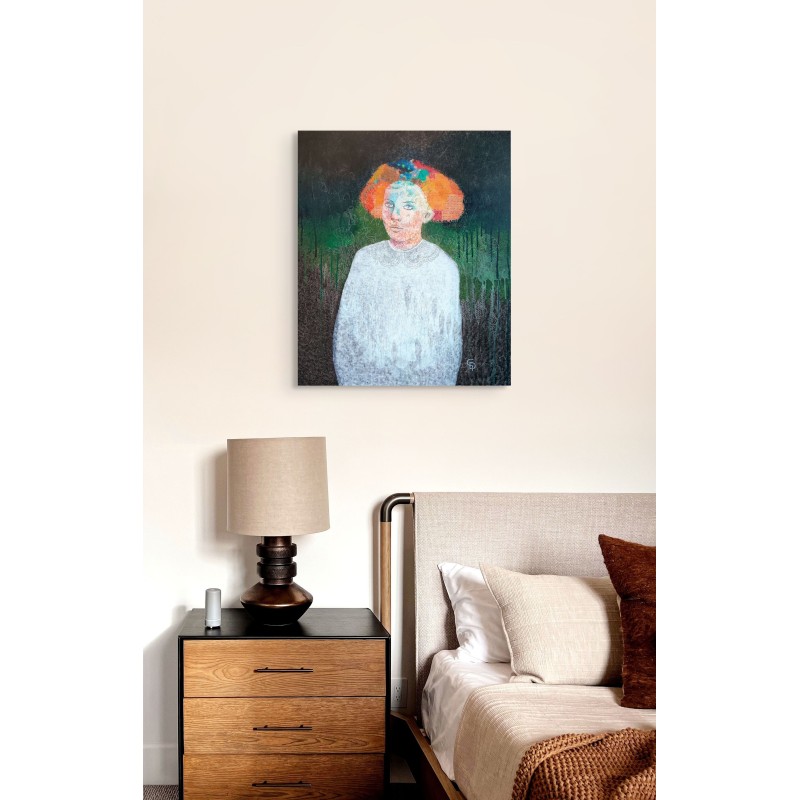 œuvre de l'artiste cécile duchêne-malissin, femme aux cheveux roux, fond verdoyant.