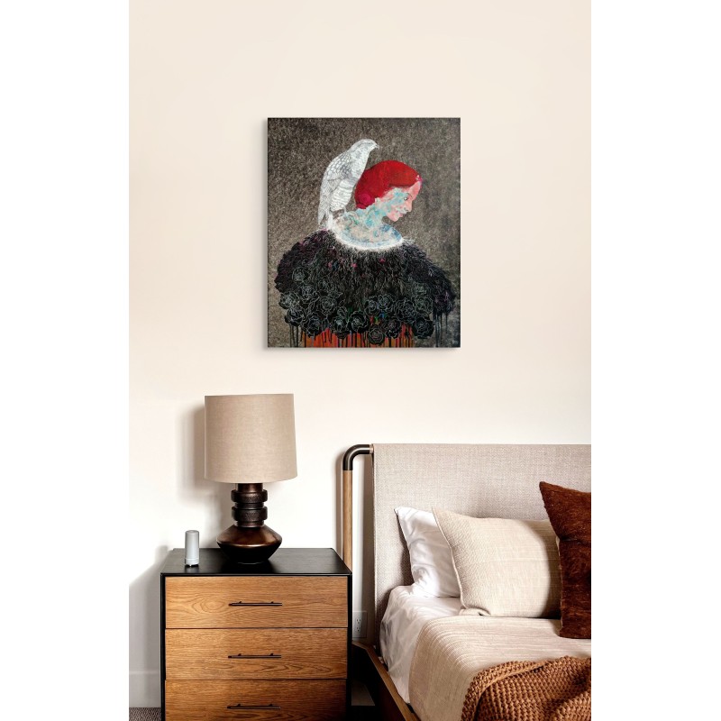 Female portrait by Cécile Duchêne-Malissin, profile, bright red, white bird perched on shoulder.