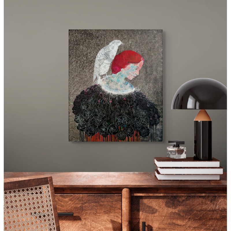 Portrait féminin par cécile duchêne-malissin, profil, rouge éclatant, oiseau blanc perché sur l’épaule.