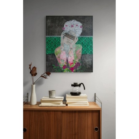 Female portrait signed by Cécile Duchêne-Malissin, pink dress, hands on face, green and black background.