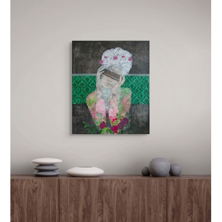 Work by Cécile Duchêne-Malissin, pensive woman, white floral crown, green damask background.