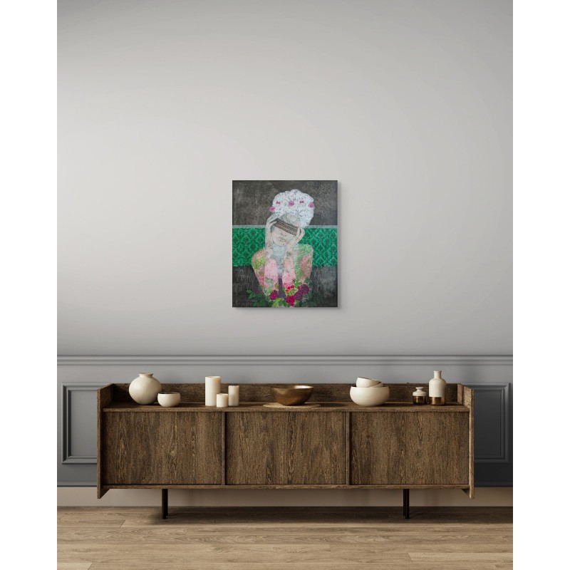 Woman painted by Cécile Duchêne-Malissin, melancholic posture, purple and red flowers in the foreground.