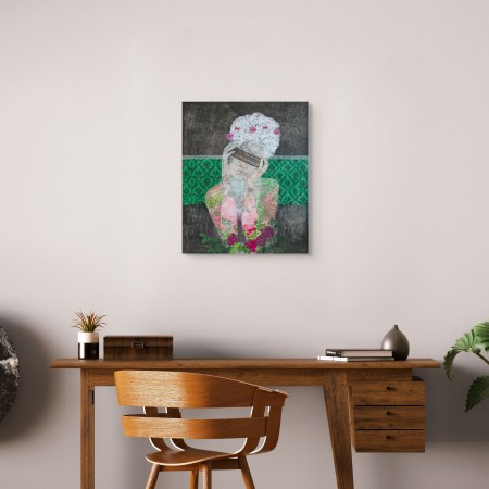 Painting of a woman by artist Cécile Duchêne-Malissin, head crowned with flowers, blindfold over eyes, green background
