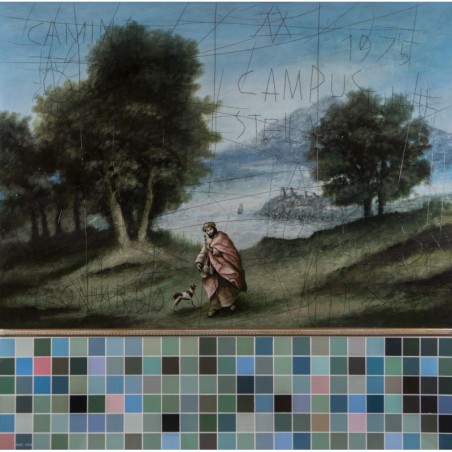 Tableau de Daniel Airam alliant style classique et touches modernes, évoquant un pèlerinage avec graffitis et damier coloré.