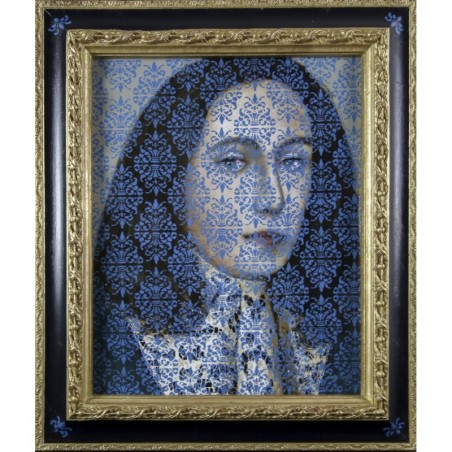 Tableau de Daniel Airam mêlant portrait classique et motif décoratif bleu.