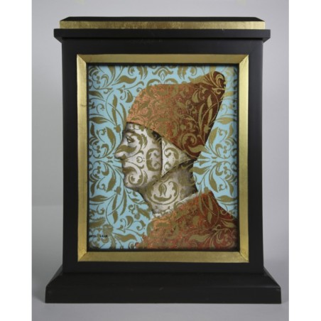 Peinture sur bois de Daniel Airam représentant un doge de profil voilé par un motif doré, entre tradition et modernité.