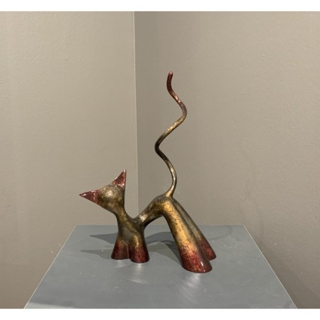 Sculpture de petit chat en bronze transparent Noir extrémités bordeau de l'artiste sculpteur Lolek